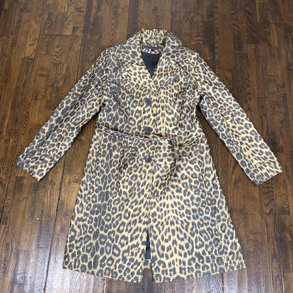 Via Spiga Leopard Animal Print Trench Coat Small Belted 3-Button Mid-Length Tan